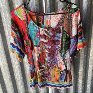 VTG Y2K Alberto Makali Abstract Print Multicolored Pleated Blouse Size 8